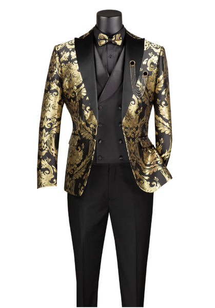 Vinci Modern Fit 3 pcs Suits for Men with Matching Bow Tie Luxurious Jacquard Fabric
