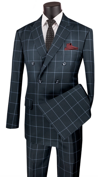 Vinci Double Breasted Modern Fit Flat Front Pants Side Vents Windowpane