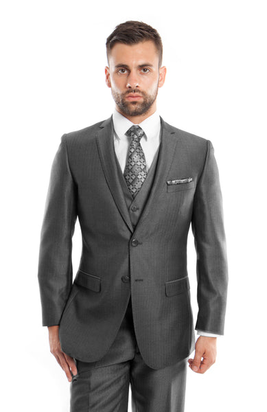 D. Gray Textured Pattern 3-PC Slim Fit Performance Stretch Suits For Men