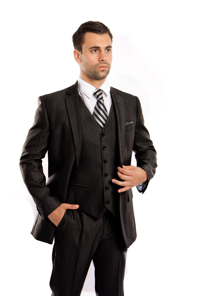 Black Solid Shiny Sharkskin 3-PC Regular Modern Fit Suits For Men